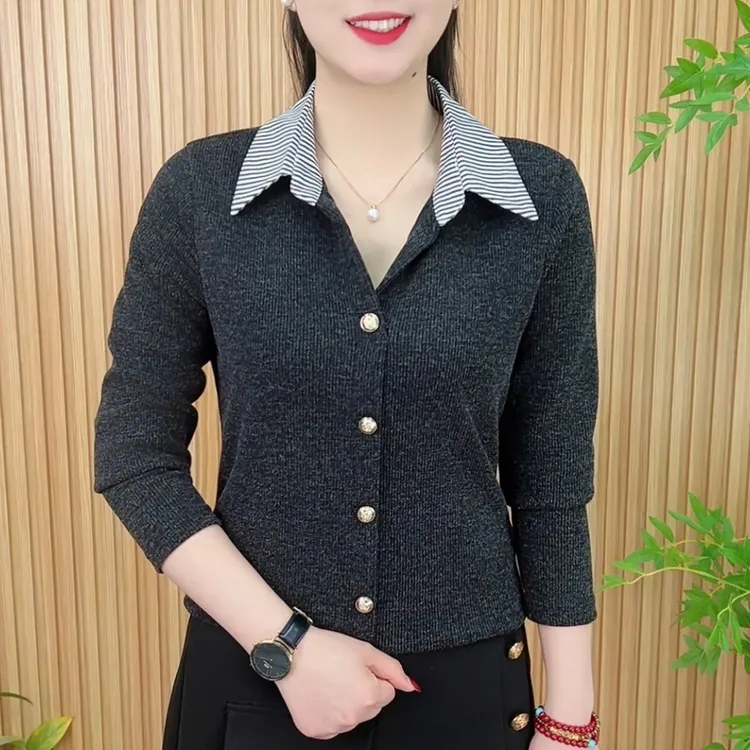 2025春季时尚洋气新品撞色简约纽扣潮流翻领百搭显瘦上衣A5566