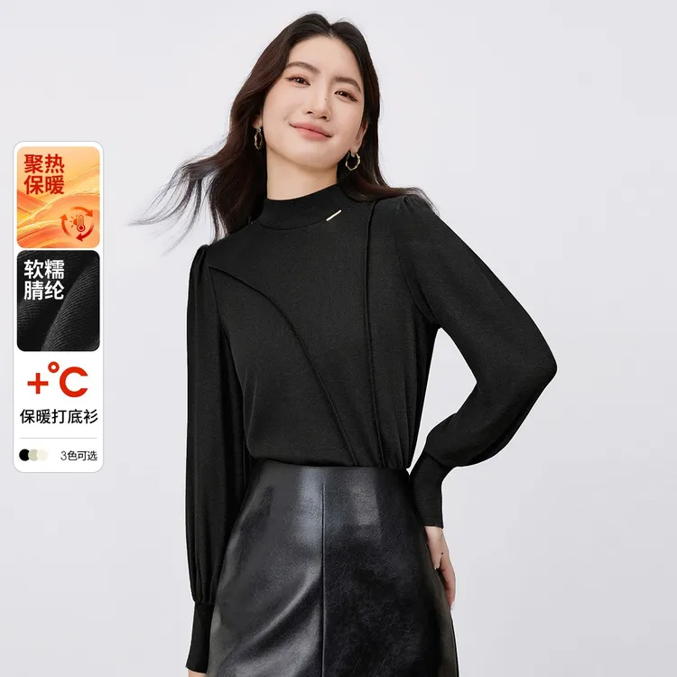 尚都比拉气质保暖常规款套头宽松型T恤百搭长袖针织灯笼袖56433