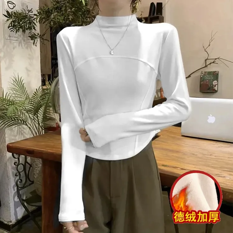 德绒半高领长袖t恤女秋冬磨毛内搭加厚保暖修身打底衫百搭上衣服