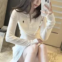 【TONG】小马刺绣纽扣半开领春夏韩版修身简约百搭长袖T恤打底（159）