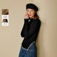 茵曼简约高领撞色收褶针织T恤2025秋季女装新款显瘦百搭长袖上衣