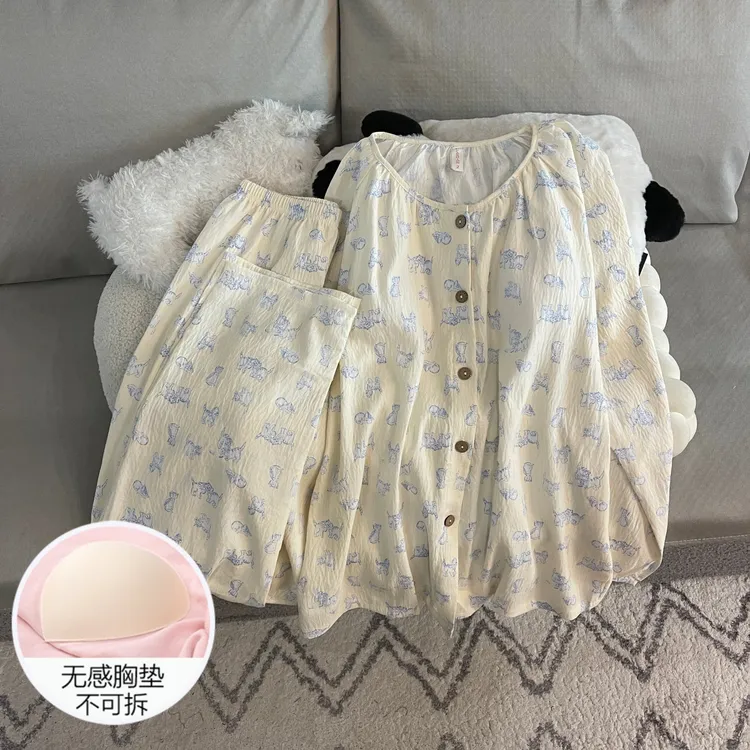 睡衣女春秋季长袖2025新款带胸垫公主风冬天可外穿家居服小猫套装