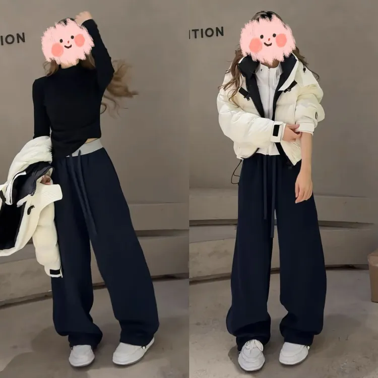 欧货拼接抽绳阔腿卫裤女加绒加厚2025秋冬新款宽松休闲弯刀运动裤