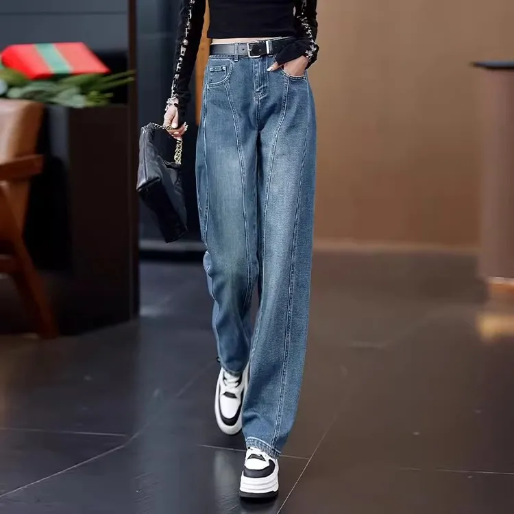 姜黄色牛仔直筒裤女2025春季新款百搭高腰宽松窄版阔腿时尚女裤