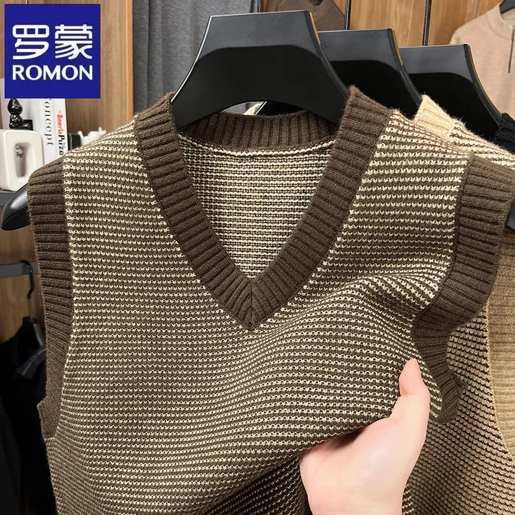 罗蒙休闲韩版无袖提花针织背心秋冬季中青年时尚外穿男士毛衣马甲