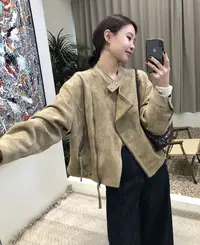冬季韩系复古立领2025休闲百搭长袖纯色时尚斜拉链仿皮绒女士外套