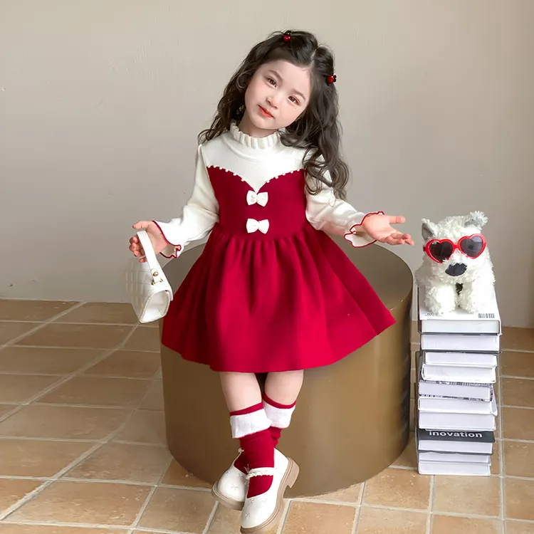 女童秋冬洋气珍珠蝴蝶结毛衣裙2025新款儿童时尚女宝宝甜美连衣裙