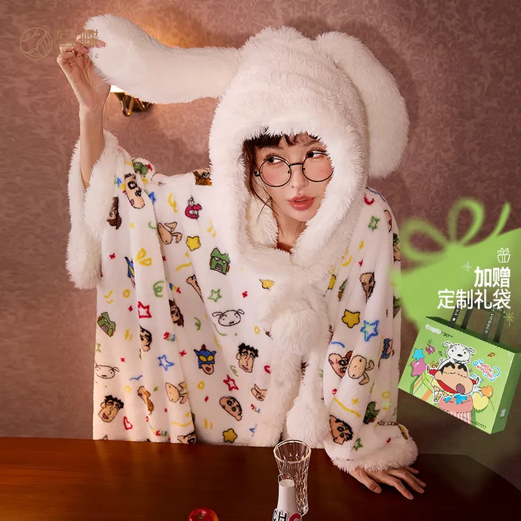 宫蝶蜡笔小新秋冬季睡袍女加厚贵妃绒保暖爆款2025新款斗篷家居服