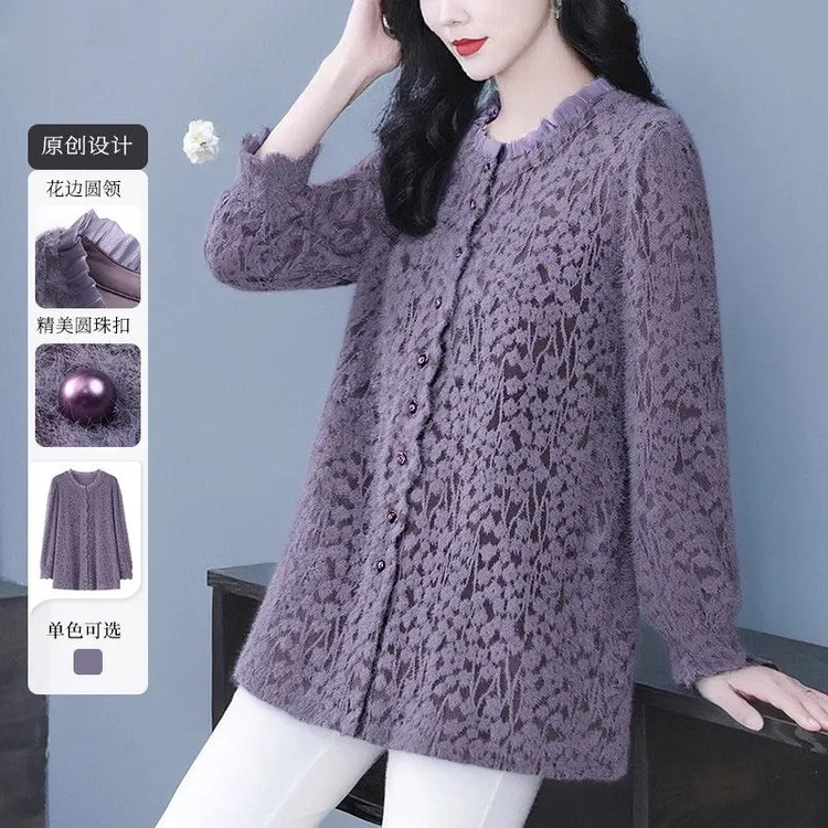 定制大码钩花绒感亲肤长袖气质时尚高级优雅大气成熟妈妈装241587