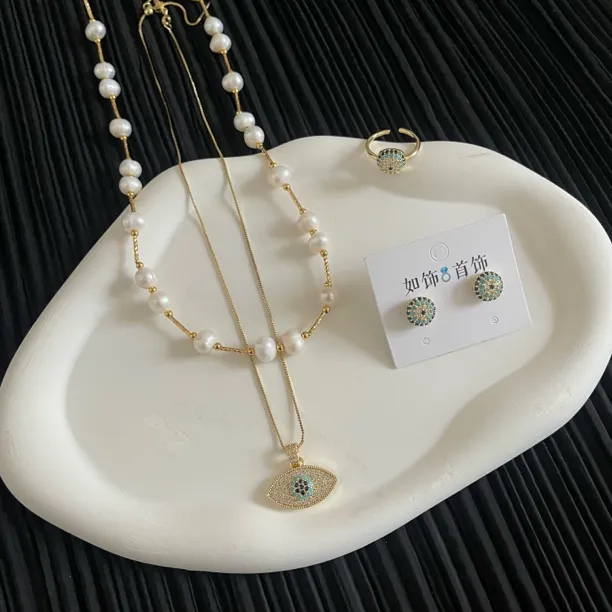 钛钢仿珍珠项链 如饰 恶魔之眼双层叠戴链三件套首饰时尚百搭气质