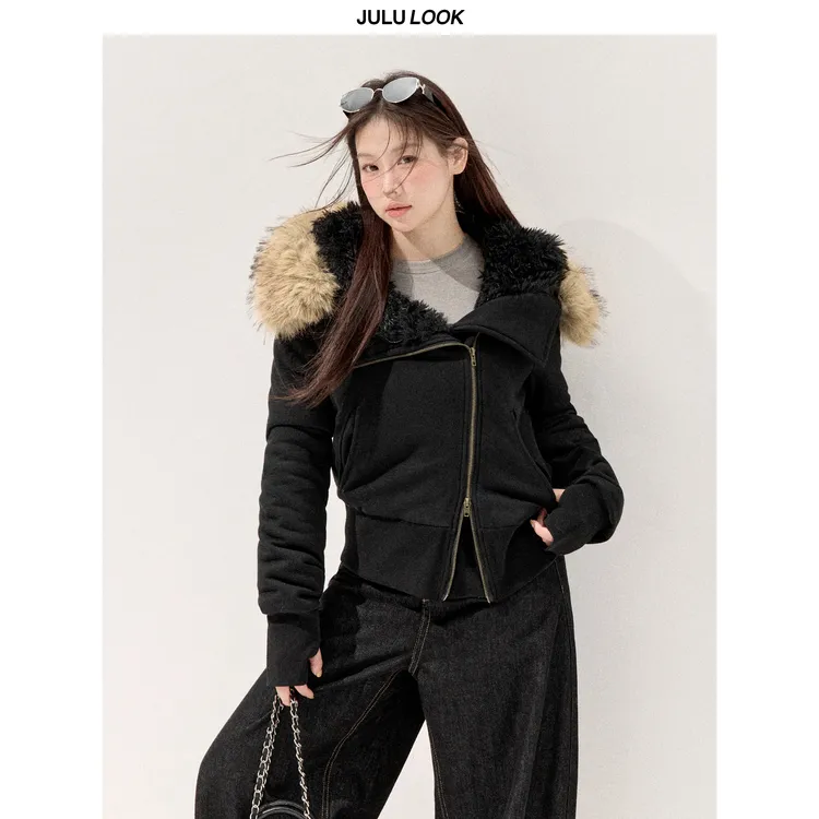 巨鹿工作室“牧野绒歌”微胖mm修身斜襟拉链毛领连帽卫衣大码外套