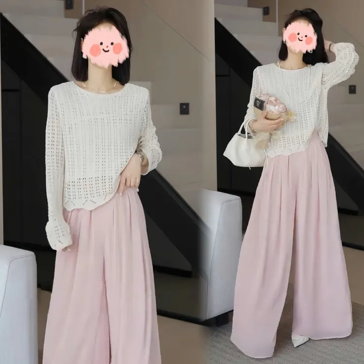 夏季新款欧若风气质设计感镂空针织衫上衣百搭阔腿裤时尚修身显瘦