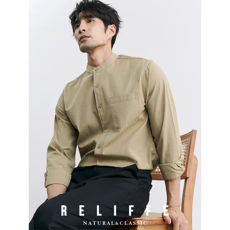 绅士痞帅新中式圆领纯棉休闲衬衫外套商务修身长袖立领白色衬衣男