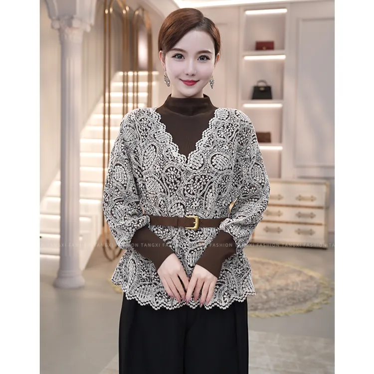 2025秋冬新款【ZM-995】法式气质时尚收腰显瘦不起球蕾丝名媛上衣女