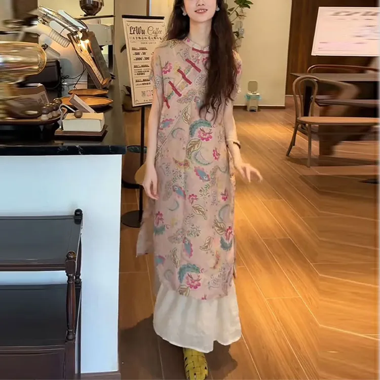 复古显瘦女装气质印花连衣裙女2025夏季宽松中长款碎花旗袍女裙子