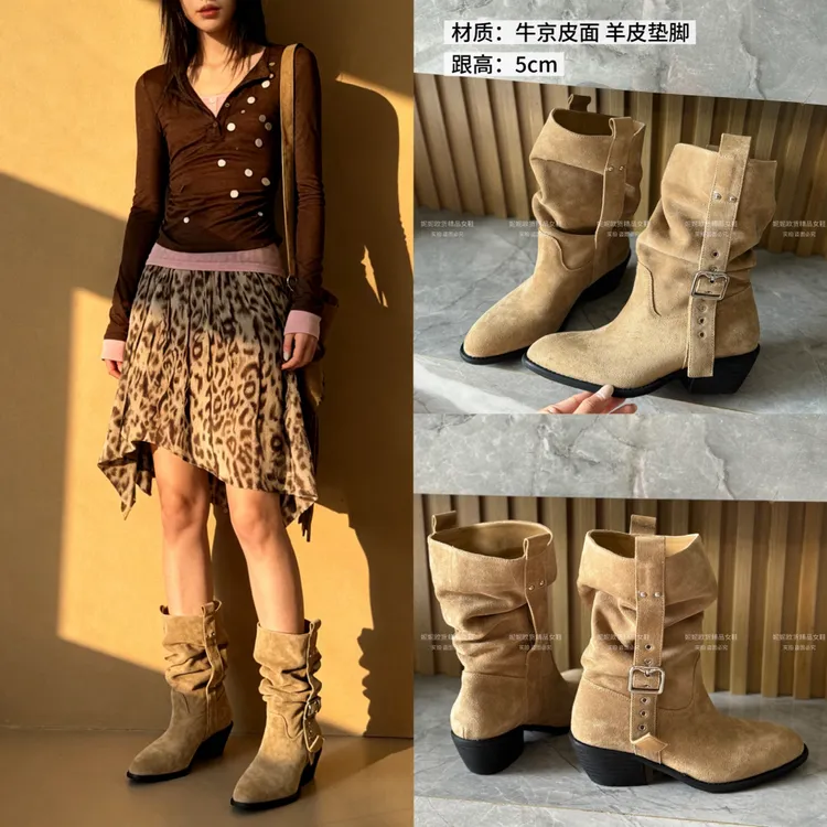 欧货｜2025新款牛猄皮金属皮带扣中筒堆堆靴西部靴尖头粗跟高5cm