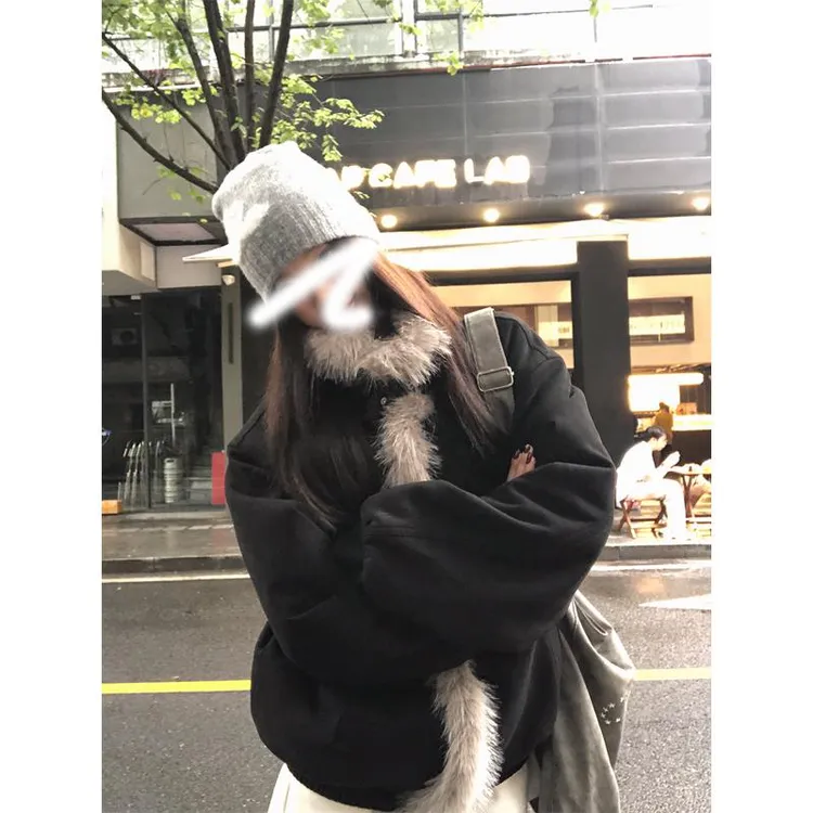 【落日深意】毛毛外套 秋冬时尚纯黑色长袖毛领毛毛外套女宽松百搭