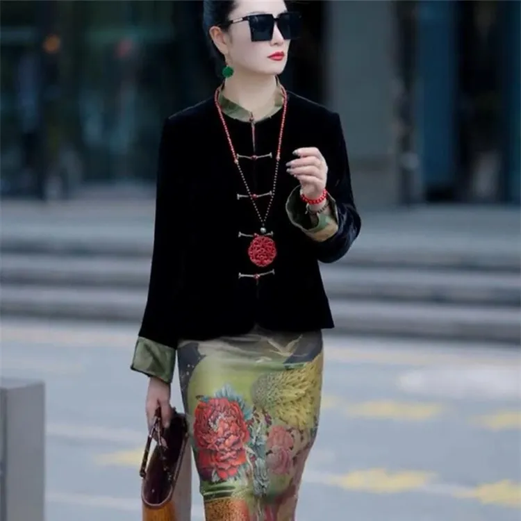 中式国风复古上衣女2024年秋季新款长袖撞色盘扣短外套女时尚百搭