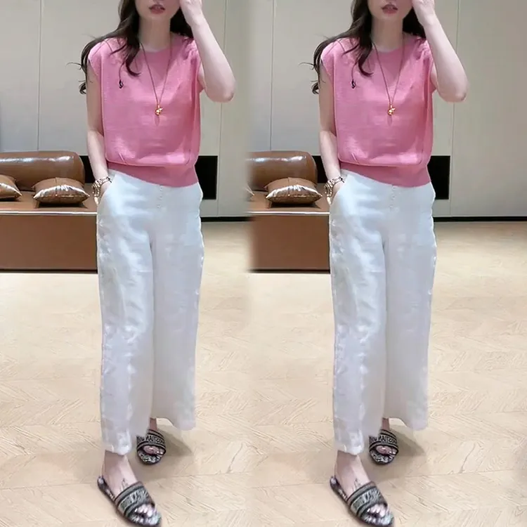 今年流行夏季穿搭一整套2025年新款韩系v领无袖上衣休闲裤两件套