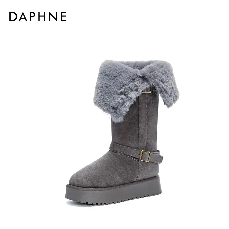 达芙妮新款时尚厚底增高翻折两穿加绒加厚女靴舒适保暖长筒雪地靴