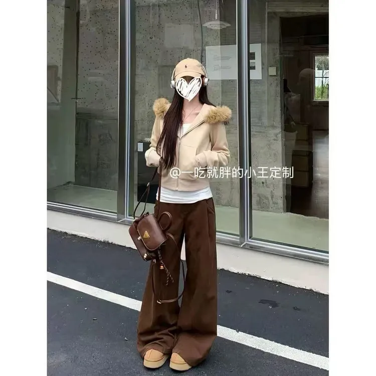 【小王家】时尚套装连帽毛领短款薄款可拆卸女短外套复古休闲上衣