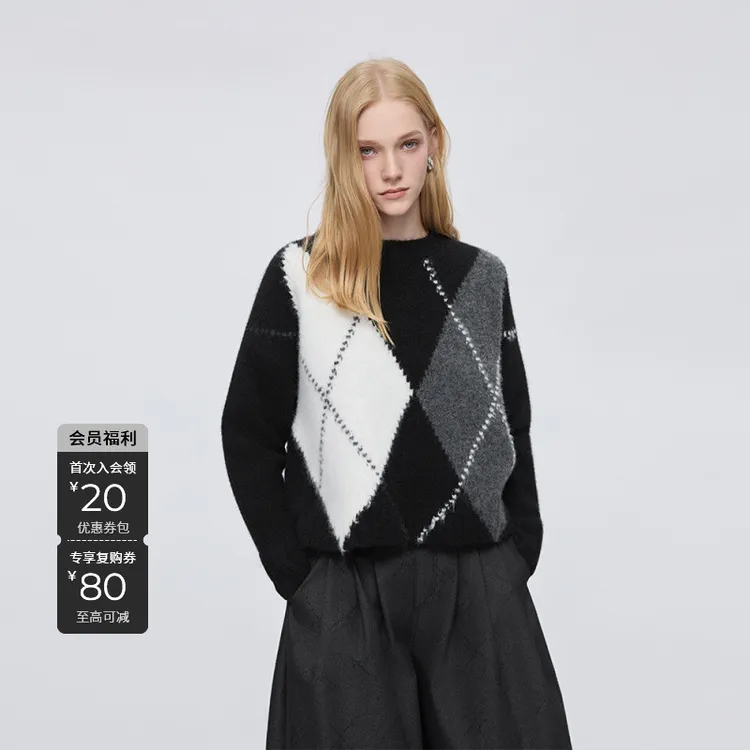 S·DEER圣迪奥【墨迹行间】冬季慵懒风圆领宽松休闲女士针织衫上衣