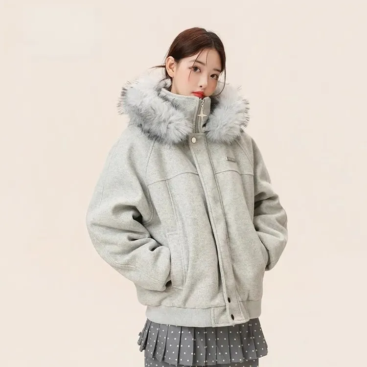 冬装座山雕毛领连帽棉服外套男女同款毛呢加厚保暖情侣装潮流棉衣