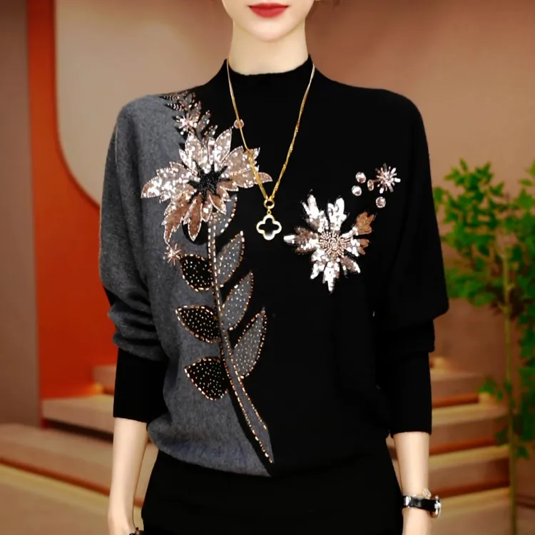 高档提花烫钻半高领长袖妈妈针织衫2025秋冬新款休闲百搭女士毛衣