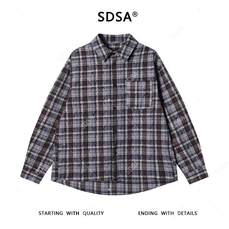 SDSA男士秋冬新款痞帅男装潮牌格纹磨破菱形格翻领长袖衬衫网红款