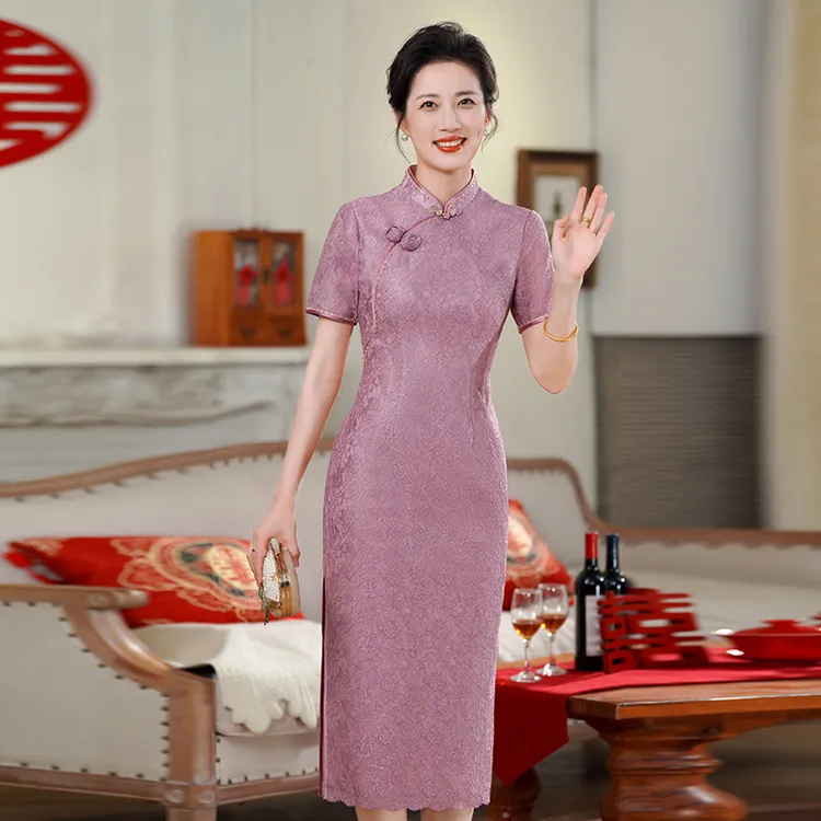 2025新款传统中式提花旗袍妈妈装收腰修身短袖旗袍喜婆婆旗袍女B