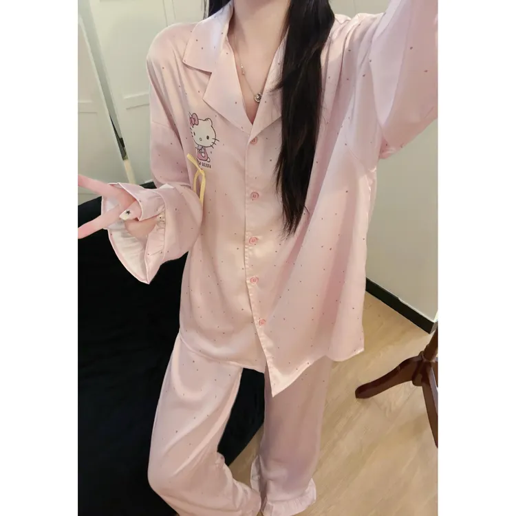 大码冰丝睡衣女秋季网红甜美风粉色kitty薄款ins韩版缎面长袖长裤