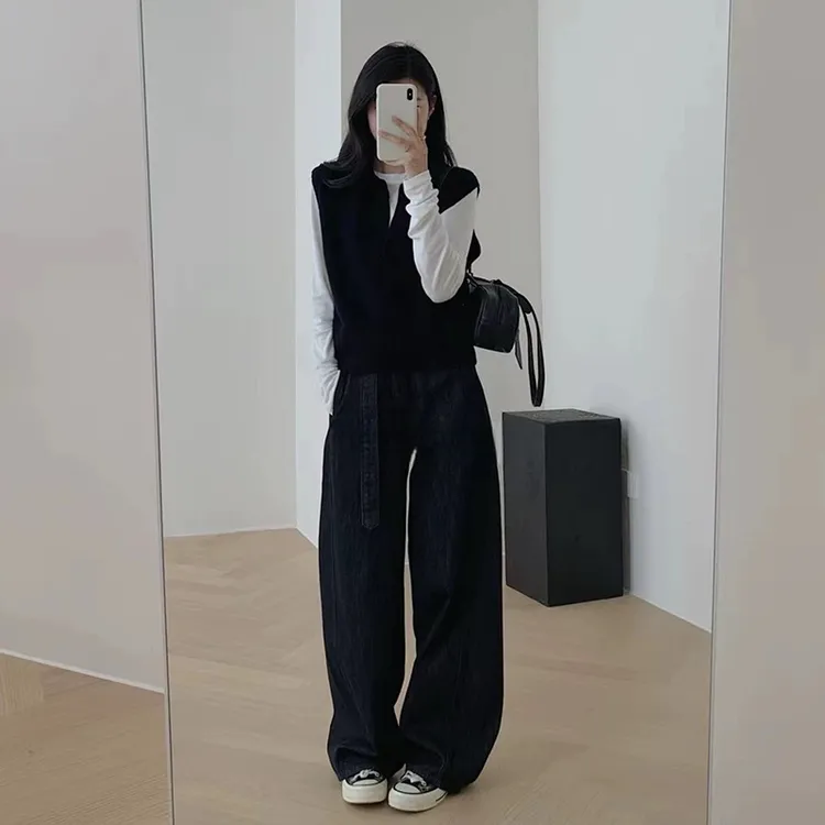 大码女装2025春季新款宽松减龄百搭毛衣马甲上衣显瘦牛仔阔腿裤