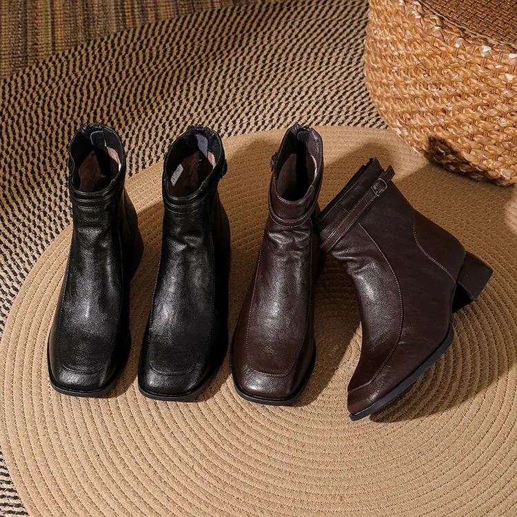 羊皮复古短靴女25秋冬修新款粗跟瘦瘦靴百搭休闲9235