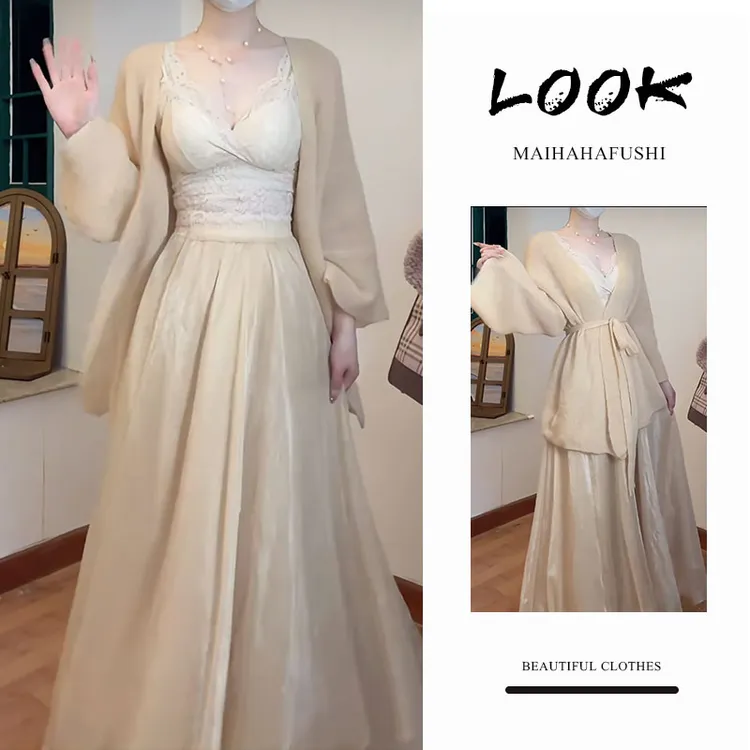 春季一整套女装2025新款韩版气质开衫外套蕾丝吊带半身裙三件套装