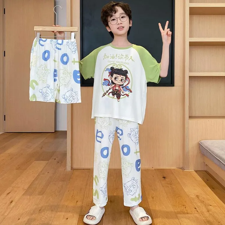 FAVMARTHA.儿童睡衣夏季莫代尔薄款三件套男童青少年男孩新款家居
