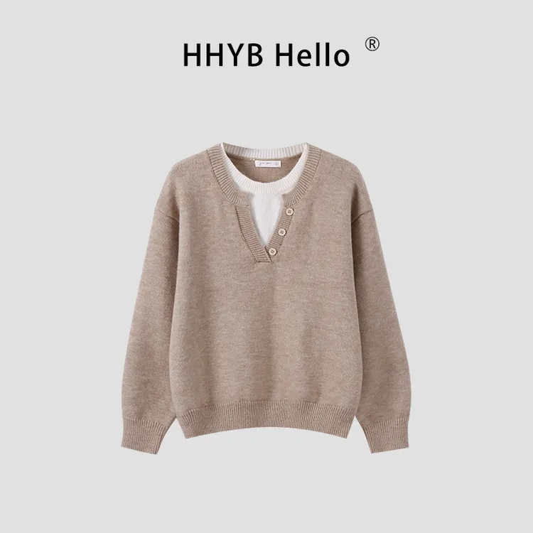 HHYB Hello秋季休闲撞色假两件针织衫女设计感百搭宽松毛衣M1386
