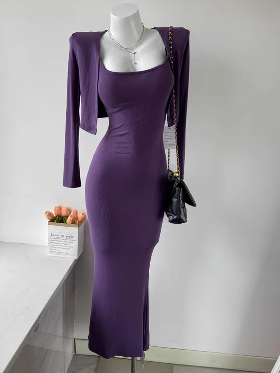 MCREAM SHO纯性感高弹修身包臀鱼尾吊带长裙女长袖披肩上衣两件套