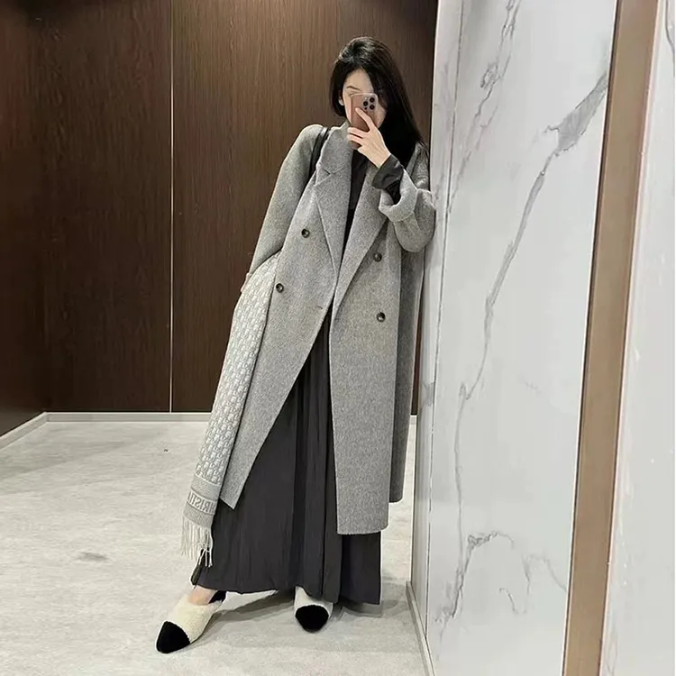 灰色双面呢大衣女小个子秋冬新款高级感黑色赫本风加厚毛呢外套