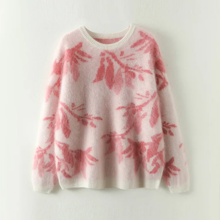 纯山羊绒拉绒款圆领厚款提花女针织羊绒衫宽松毛巾绣加厚上衣