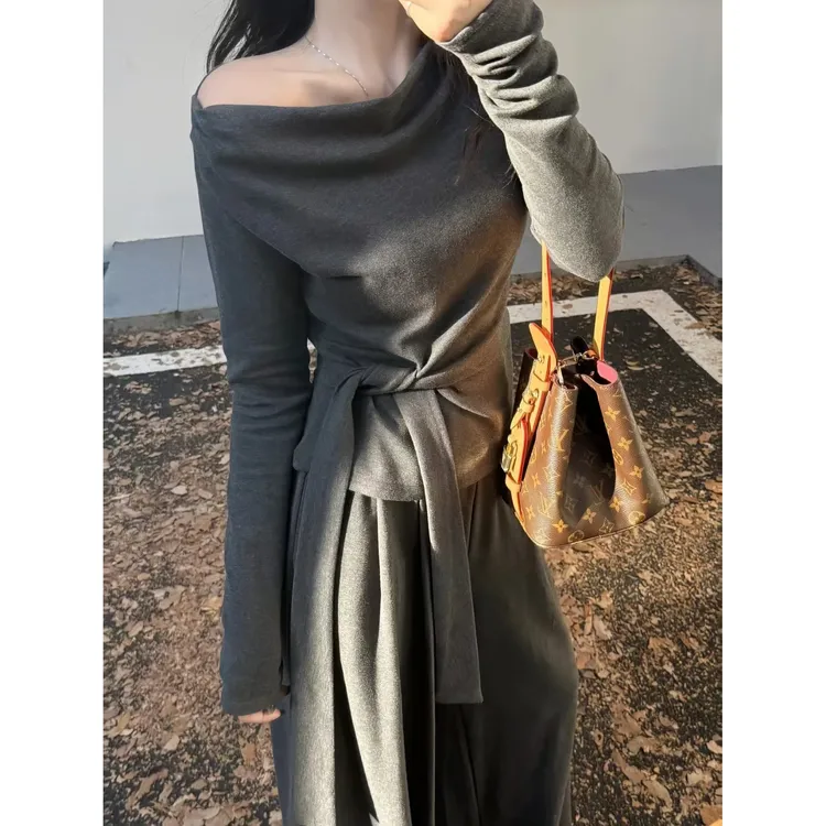 灰色高级感系带长袖t恤女秋季内搭修身软糯设计感不规则打底上衣