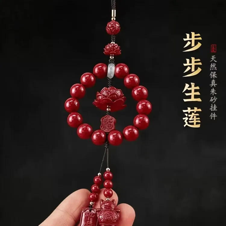 非金属吊坠 S1191-朱砂1.2步步生莲护身符车挂+鸿运当头招财猫