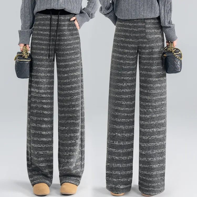 高级灰条纹阔腿弯刀裤女秋冬2025新款羊毛宽松垂感百搭休闲糯米裤