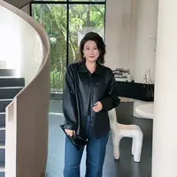 微胖女装【日内瓦】机车质感蛋白皮衬衫夹克外套女77232