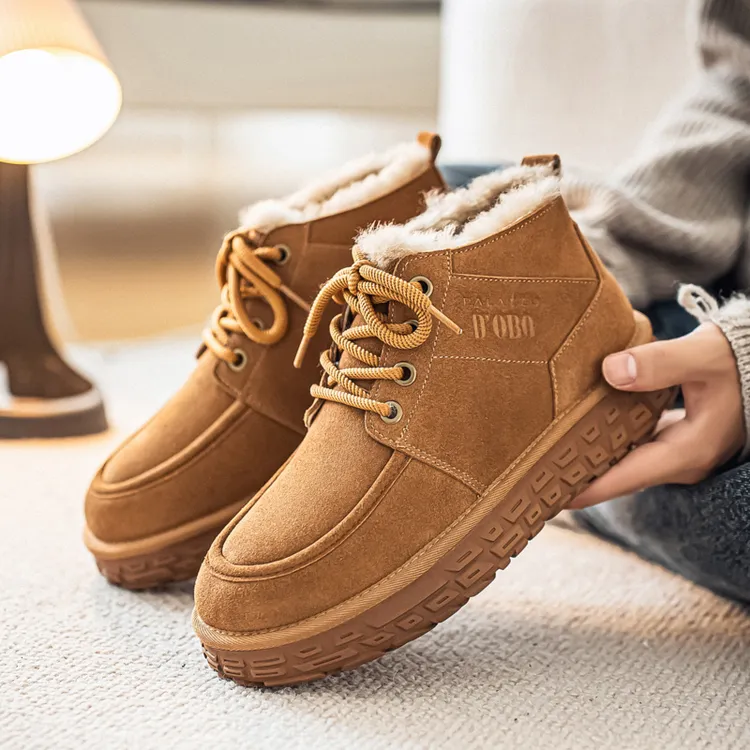 冬季皮毛一体真皮雪地靴男士厚底防滑高帮棉鞋复古百搭户外休闲鞋