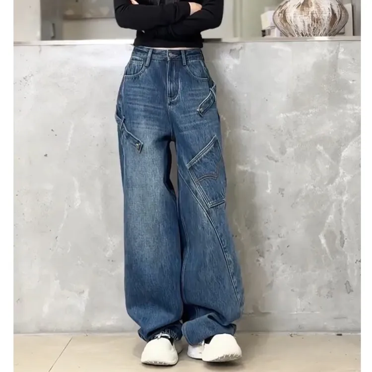 小个子蓝色牛仔裤女2025冬季新款裤子加绒加厚时尚百搭弯刀阔腿裤