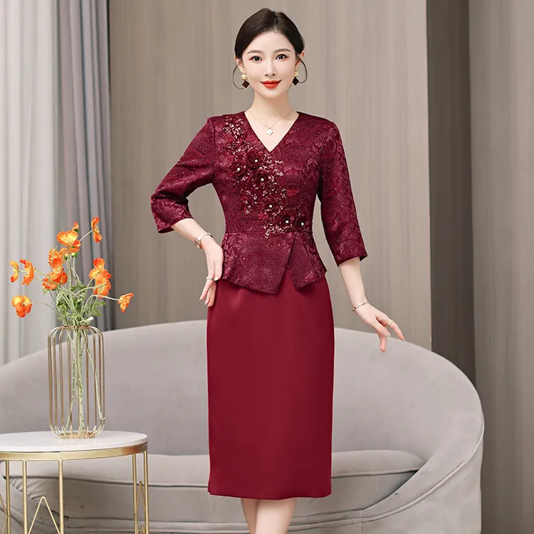 酒红色春秋婚礼妈妈婚宴礼服喜婆婆装敬酒连衣裙妈妈装中长款裙子