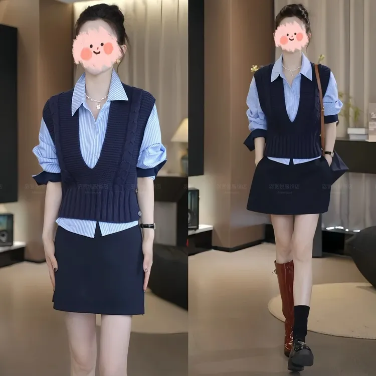 入秋穿搭一整套女装针织衫背心马甲学院风条纹衬衫裙裤套装三件套