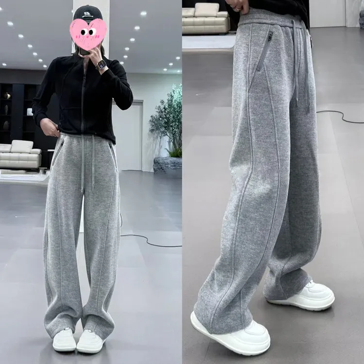 侧拉链口袋灰色加绒休闲女2025冬季新款宽松显瘦加厚阔腿直筒长裤