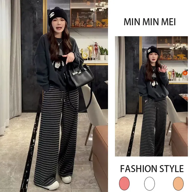 冬装时尚百搭加绒加厚圆领刺绣卫衣加绒条纹阔腿裤显瘦韩系两件套