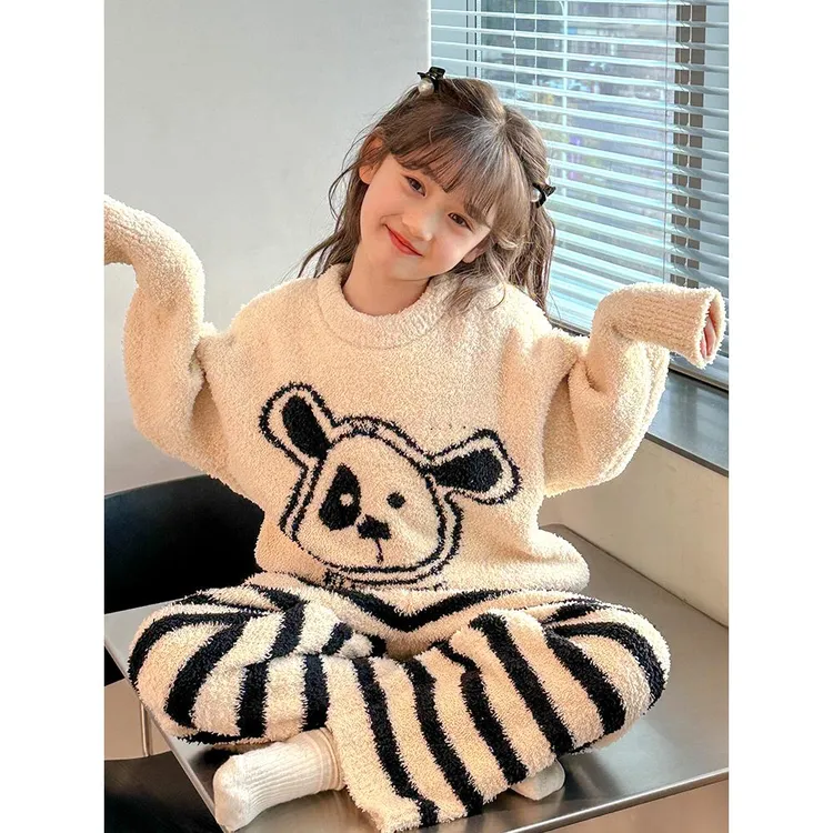 儿童家居服冬女孩半边绒冬季保暖女童秋冬珊瑚法兰绒加绒加厚睡衣